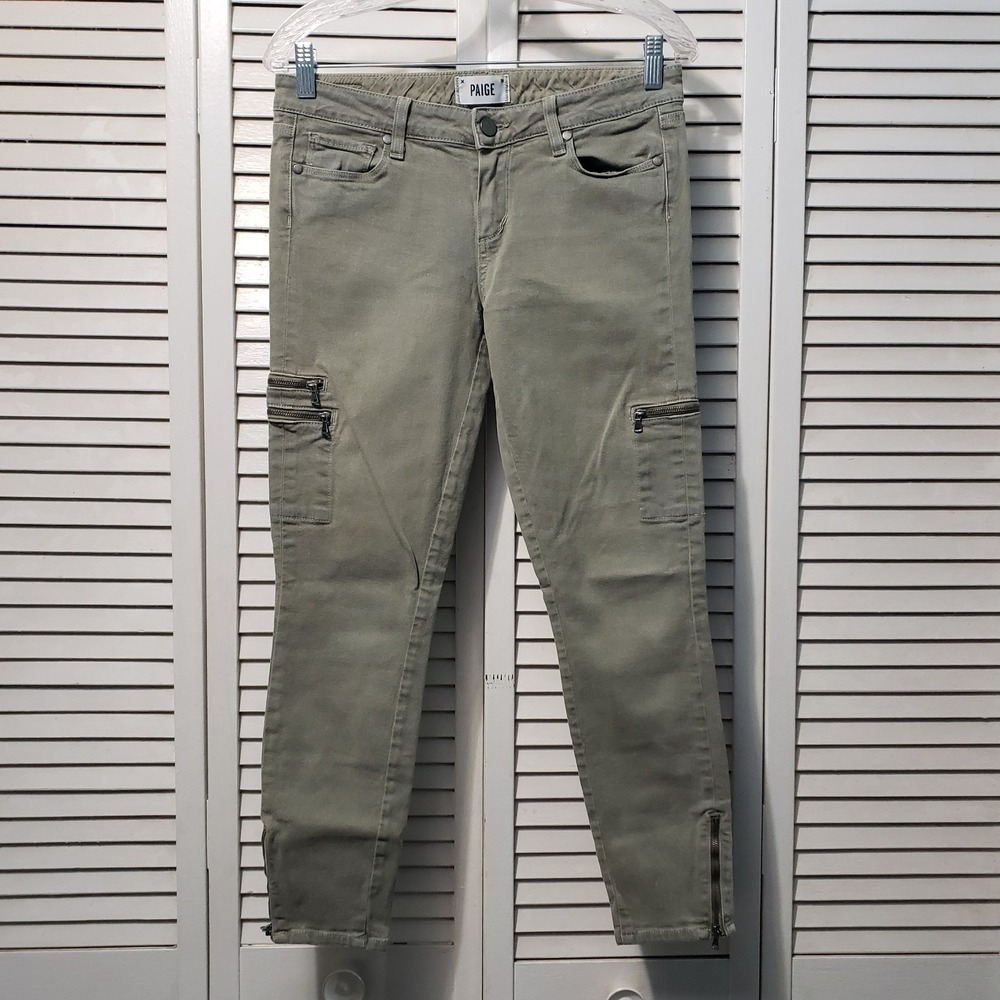 Paige Moto Skinny Jeans Women's Size 29 Olive Green Stretch Zip Ankle Pockets